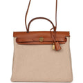 Hermes Herbag Zip PM 31 Fauve Vache Hunter and Ecru-Beige Criss Viking Canvas Gold Hardware