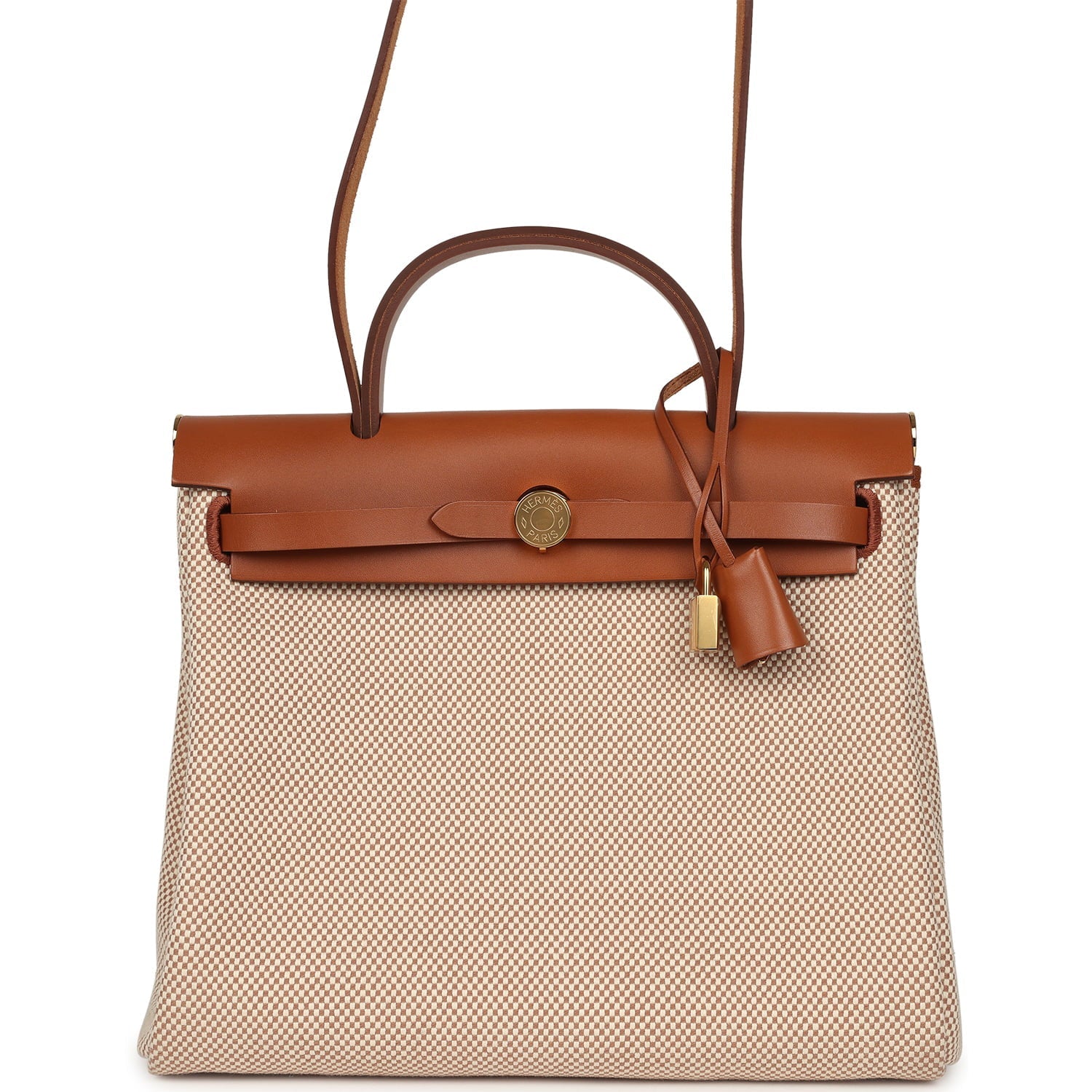 Hermes Herbag Zip PM 31 Fauve Vache Hunter and Ecru-Beige Criss Viking Canvas Gold Hardware