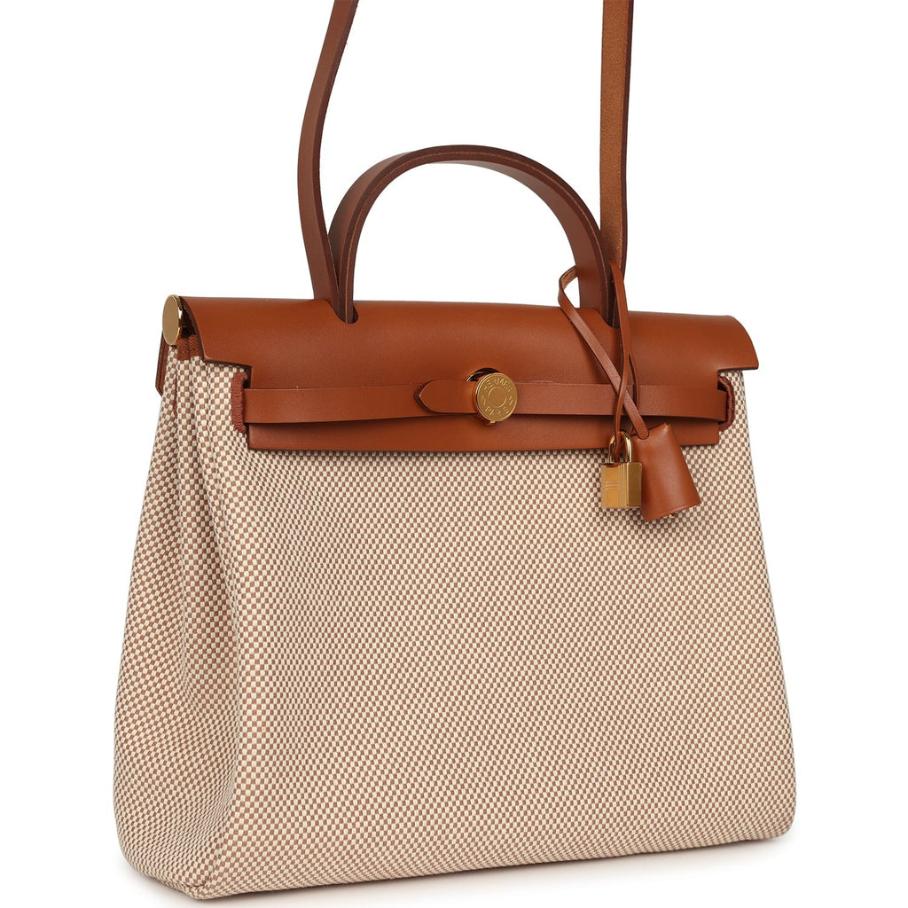 Hermes Herbag Zip PM 31 Fauve Vache Hunter and Ecru-Beige Criss Viking Canvas Gold Hardware