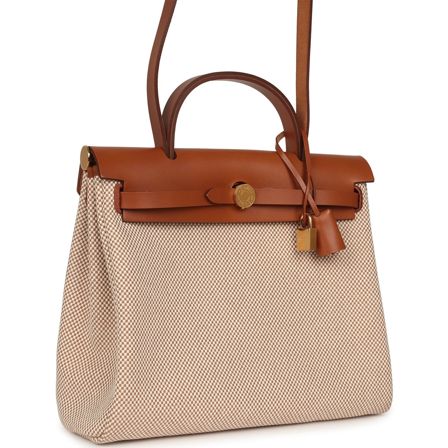 Hermes Herbag Zip PM 31 Fauve Vache Hunter and Ecru-Beige Criss Viking Canvas Gold Hardware