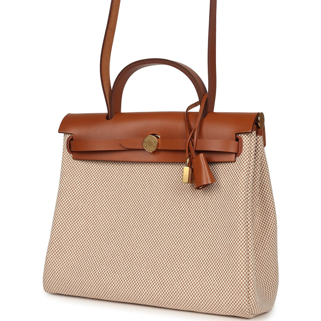 Hermes Herbag Zip PM 31 Fauve Vache Hunter and Ecru-Beige Criss Viking Canvas Gold Hardware