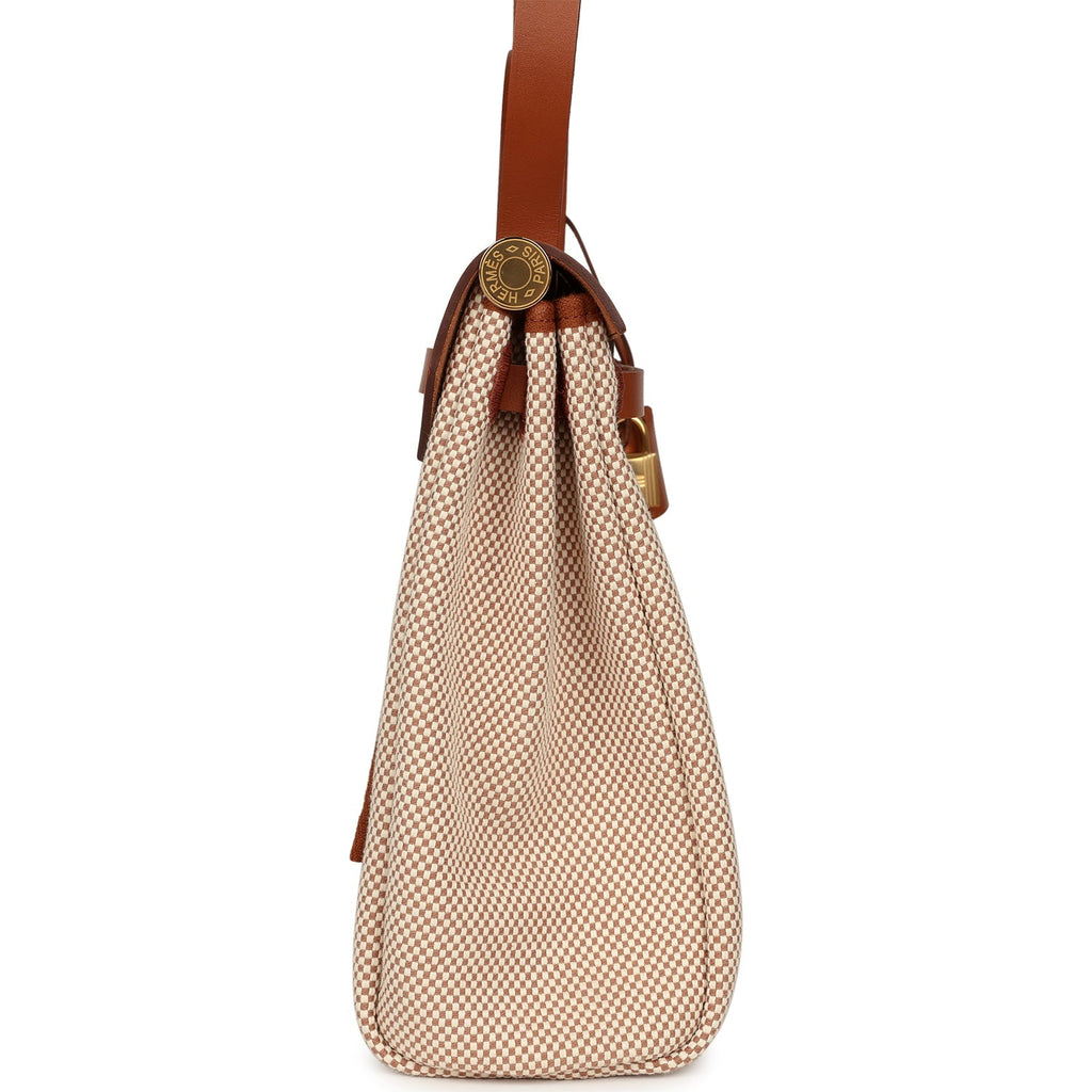Hermes Herbag Zip PM 31 Fauve Vache Hunter and Ecru-Beige Criss Viking Canvas Gold Hardware