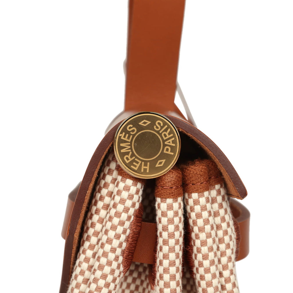 Hermes Herbag Zip PM 31 Fauve Vache Hunter and Ecru-Beige Criss Viking Canvas Gold Hardware