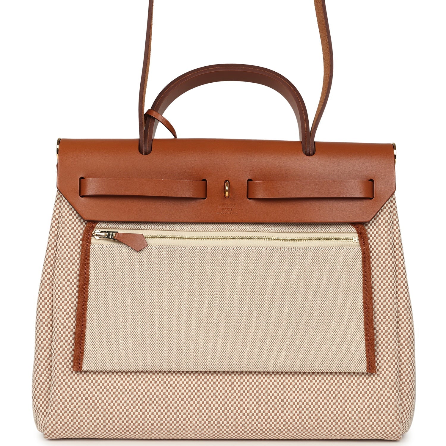 Hermes Herbag Zip PM 31 Fauve Vache Hunter and Ecru-Beige Criss Viking Canvas Gold Hardware