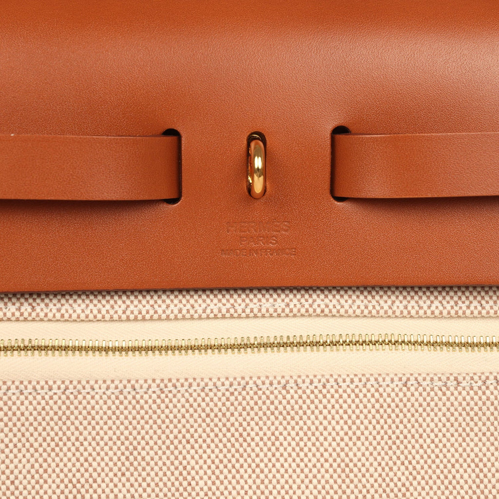 Hermes Herbag Zip PM 31 Fauve Vache Hunter and Ecru-Beige Criss Viking Canvas Gold Hardware