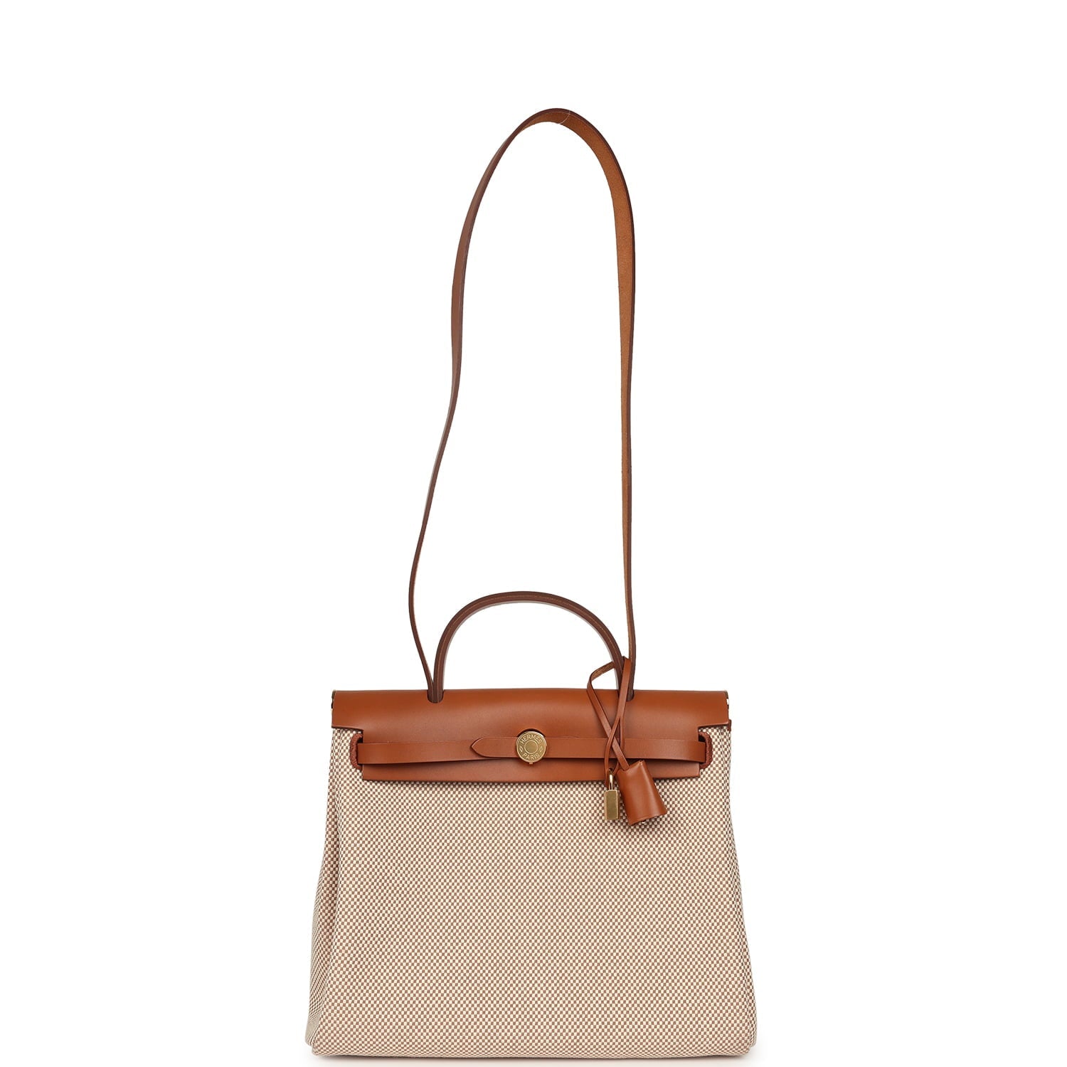 Hermes Herbag Zip PM 31 Fauve Vache Hunter and Ecru-Beige Criss Viking Canvas Gold Hardware