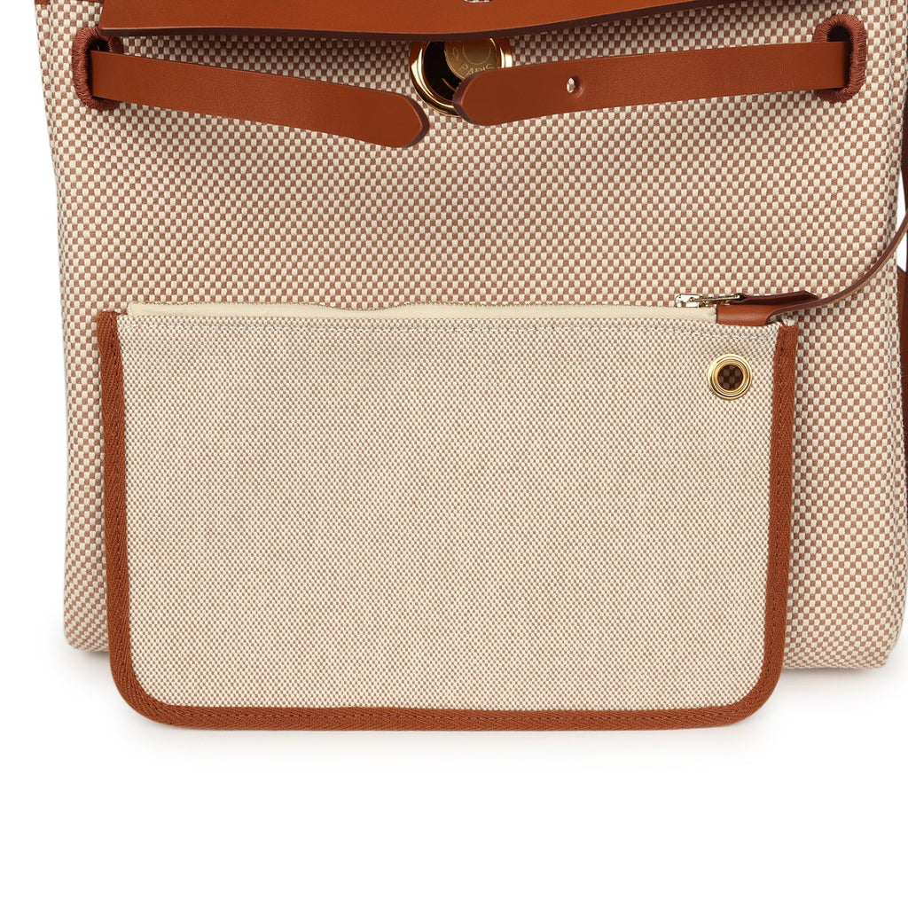 Hermes Herbag Zip PM 31 Fauve Vache Hunter and Ecru-Beige Criss Viking Canvas Gold Hardware