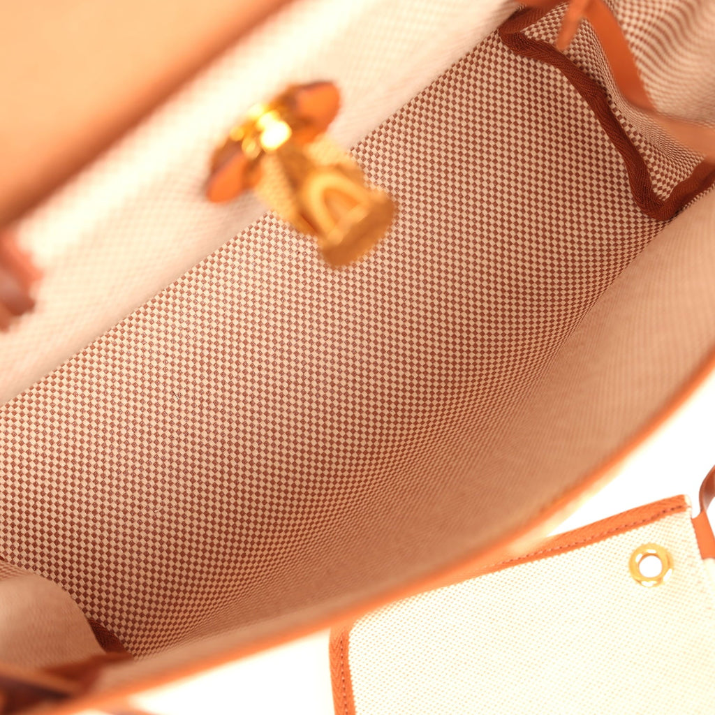 Hermes Herbag Zip PM 31 Fauve Vache Hunter and Ecru-Beige Criss Viking Canvas Gold Hardware