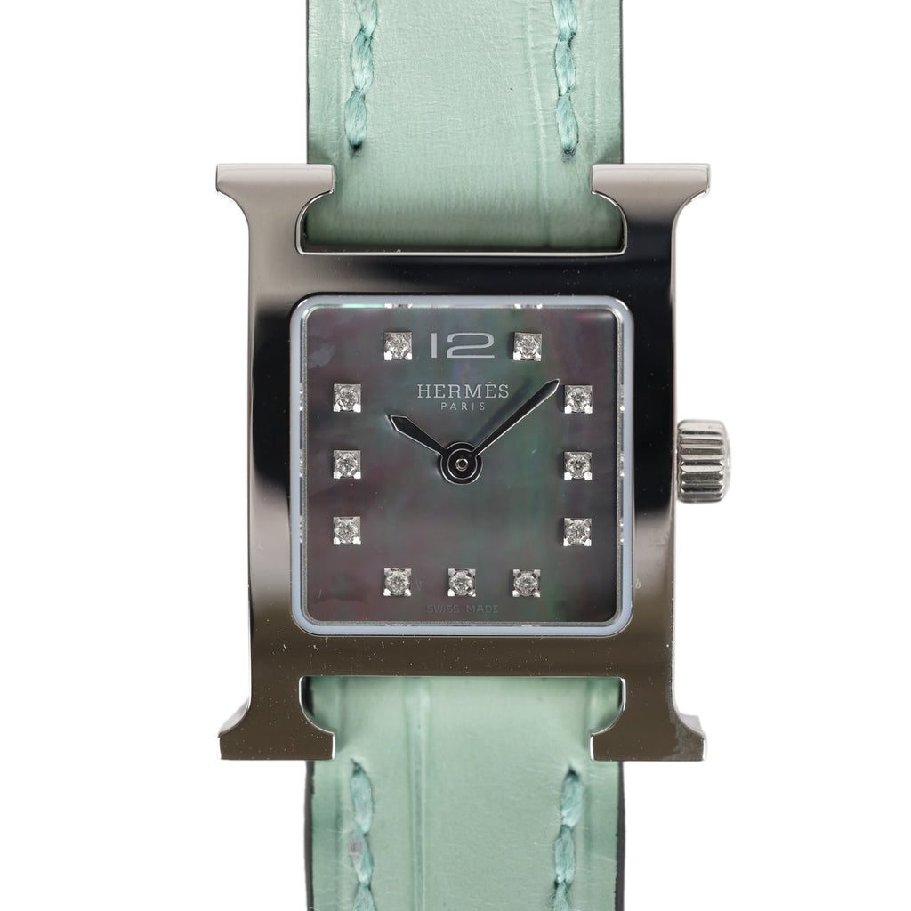 Hermes Heure H Watch XS Vert D’Eau Matte Alligator Mother of Pearl & Diamonds Palladium Hardware