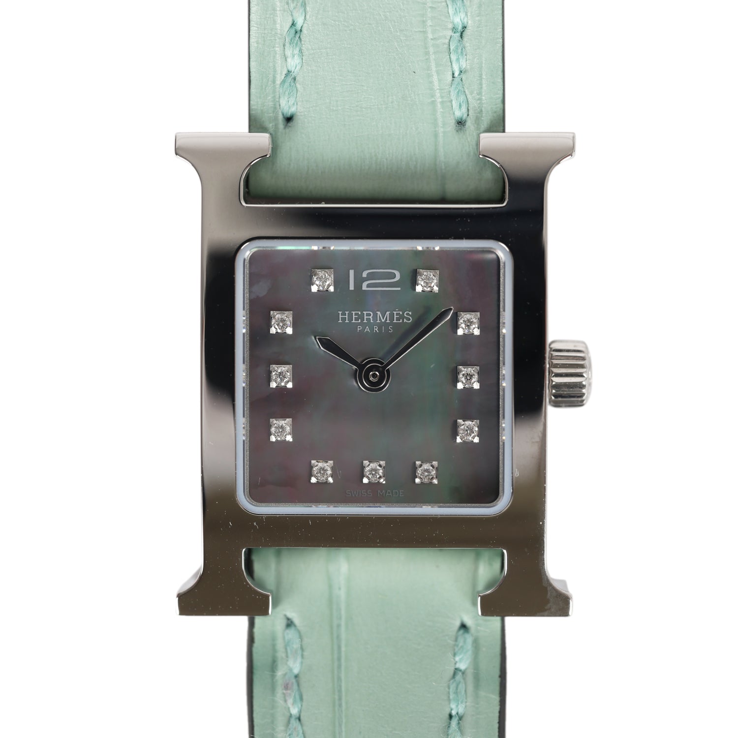 Hermes Heure H Watch XS Vert D’Eau Matte Alligator Mother of Pearl & Diamonds Palladium Hardware