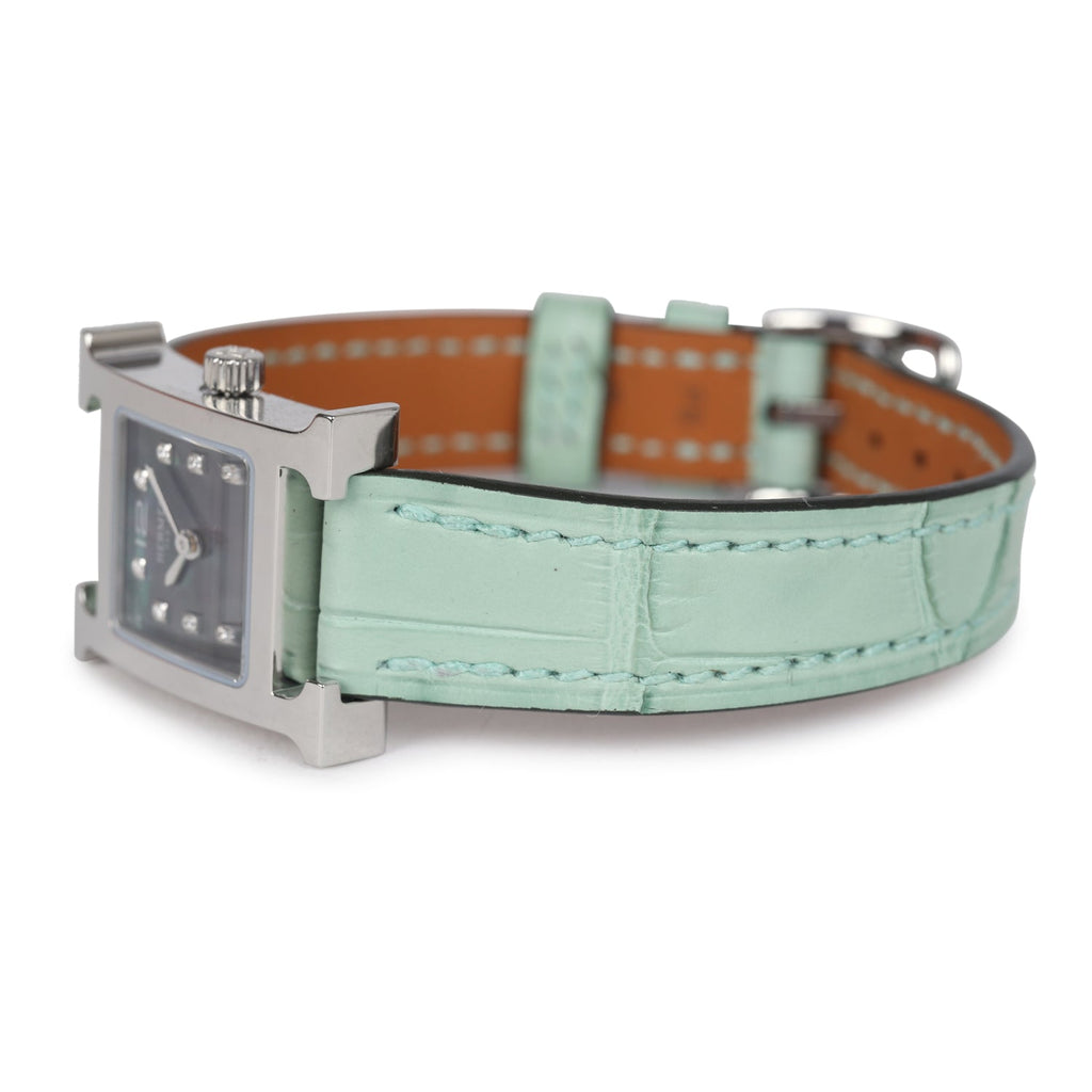 Hermes Heure H Watch XS Vert D’Eau Matte Alligator Mother of Pearl & Diamonds Palladium Hardware