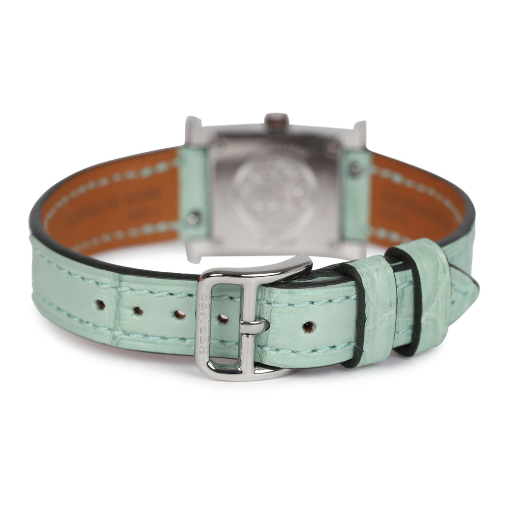 Hermes Heure H Watch XS Vert D’Eau Matte Alligator Mother of Pearl & Diamonds Palladium Hardware