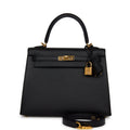 Pre-owned Hermes Kelly Sellier 25 Black Epsom Gold Hardware
