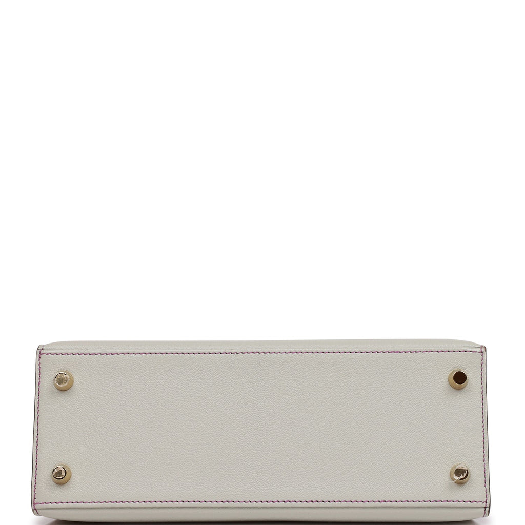Pre-owned Hermes Special Order (HSS) Kelly Sellier 25 Gris Perle and Anemone Chevre Brushed Gold Hardware