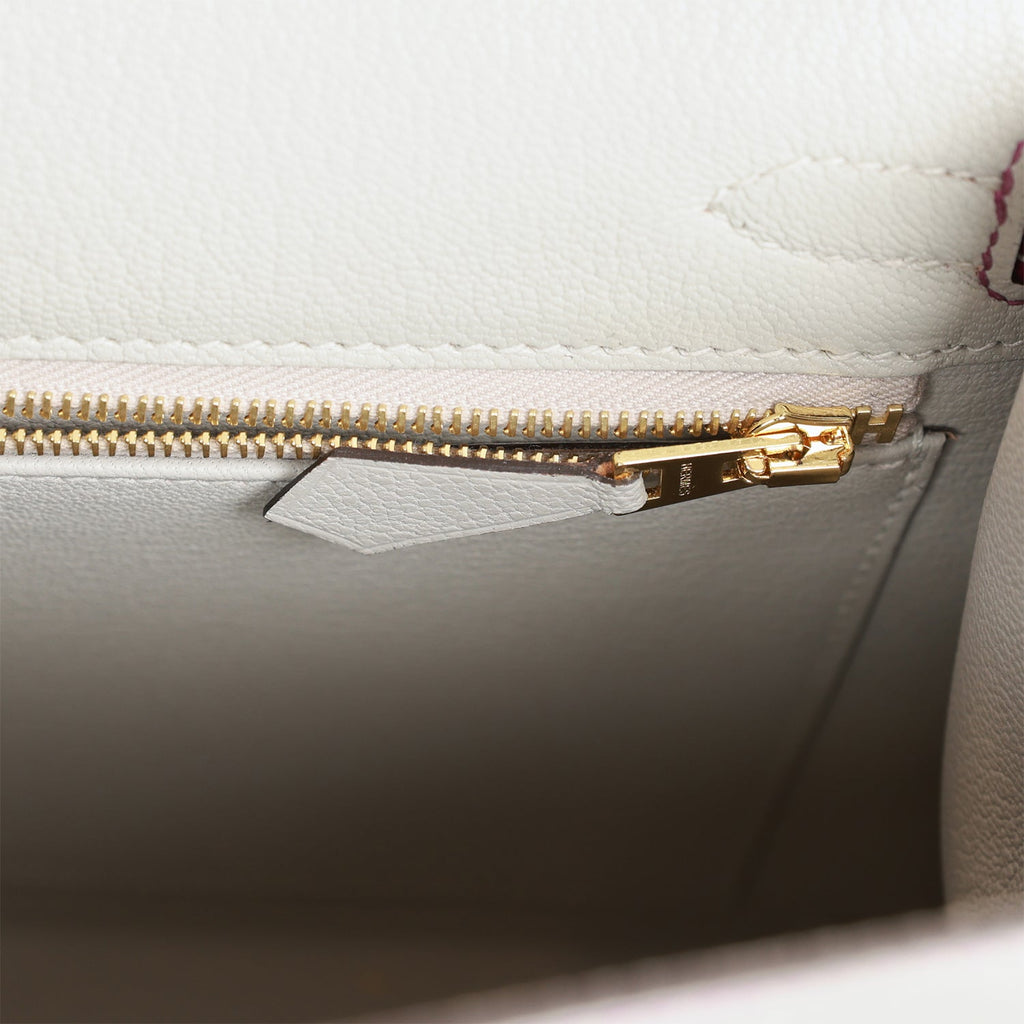 Pre-owned Hermes Special Order (HSS) Kelly Sellier 25 Gris Perle and Anemone Chevre Brushed Gold Hardware