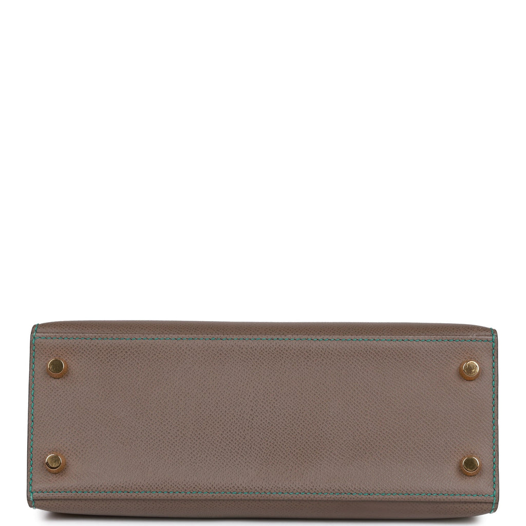Pre-owned Hermes Special Order (HSS) Kelly Sellier 25 Etain and Bleu Paon Epsom Gold Hardware