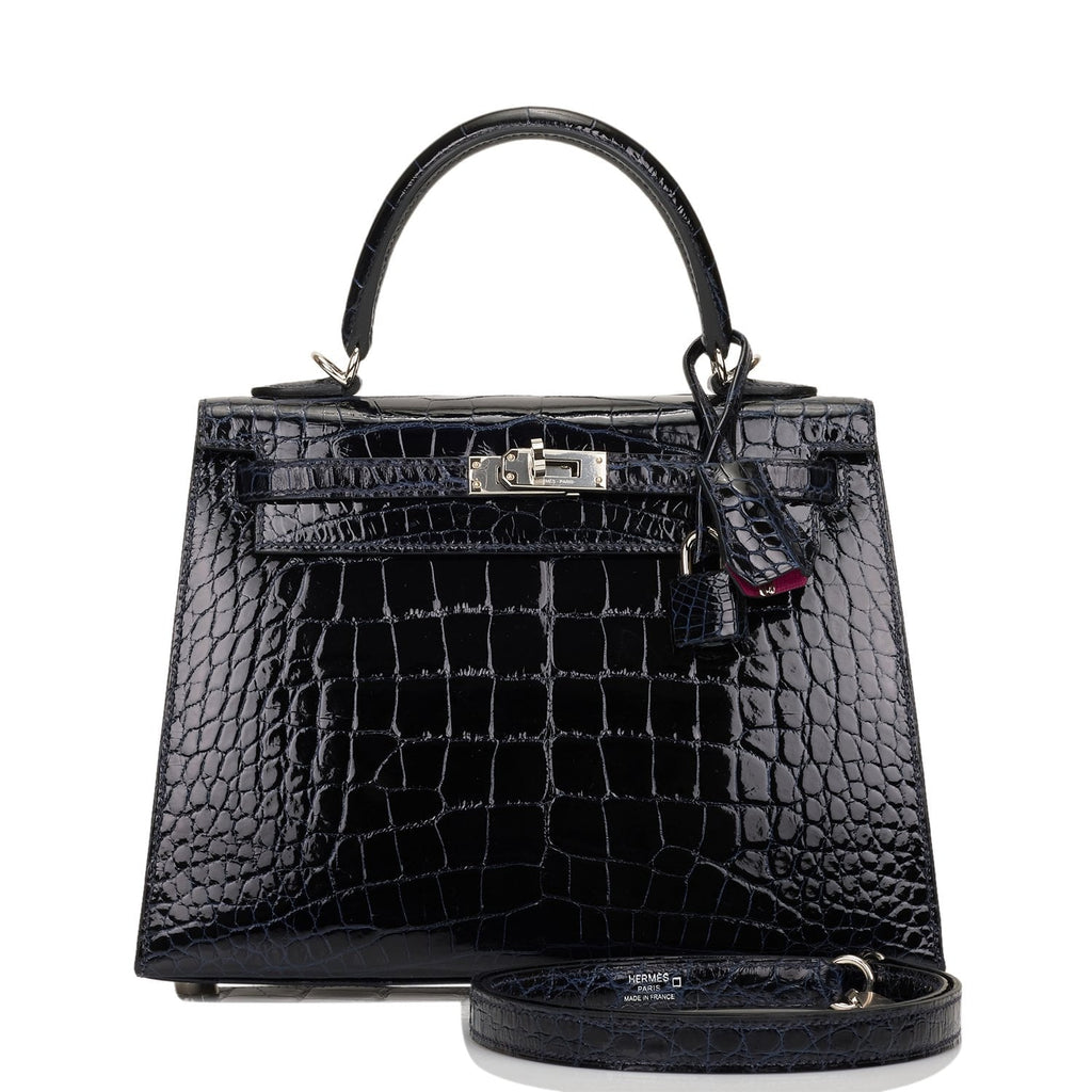 Pre-owned Hermes Kelly Sellier 25 Bleu Marine Verso Shiny Alligator Palladium Hardware
