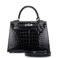 Pre-owned Hermes Kelly Sellier 25 Bleu Marine Verso Shiny Alligator Palladium Hardware