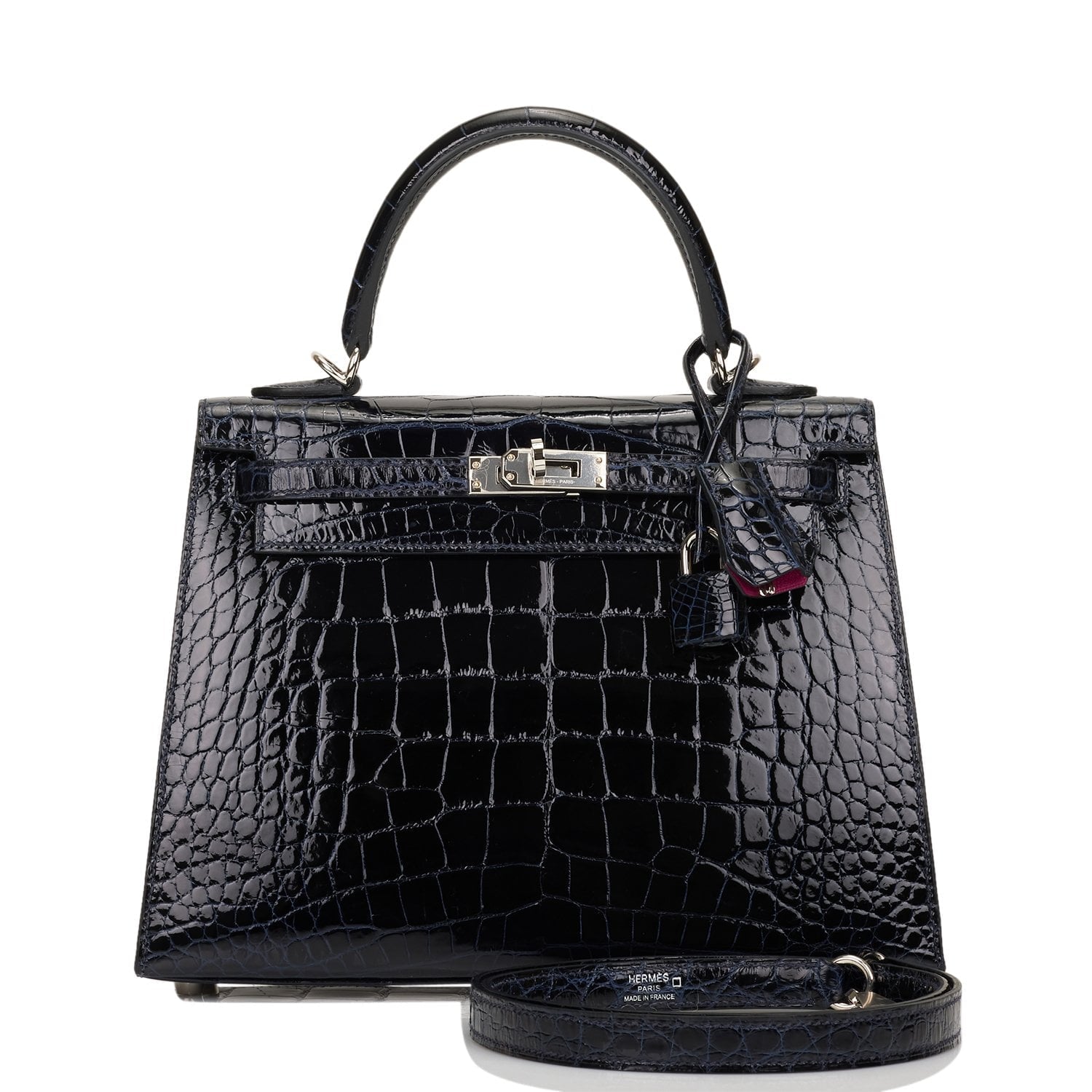 Pre-owned Hermes Kelly Sellier 25 Bleu Marine Verso Shiny Alligator Palladium Hardware