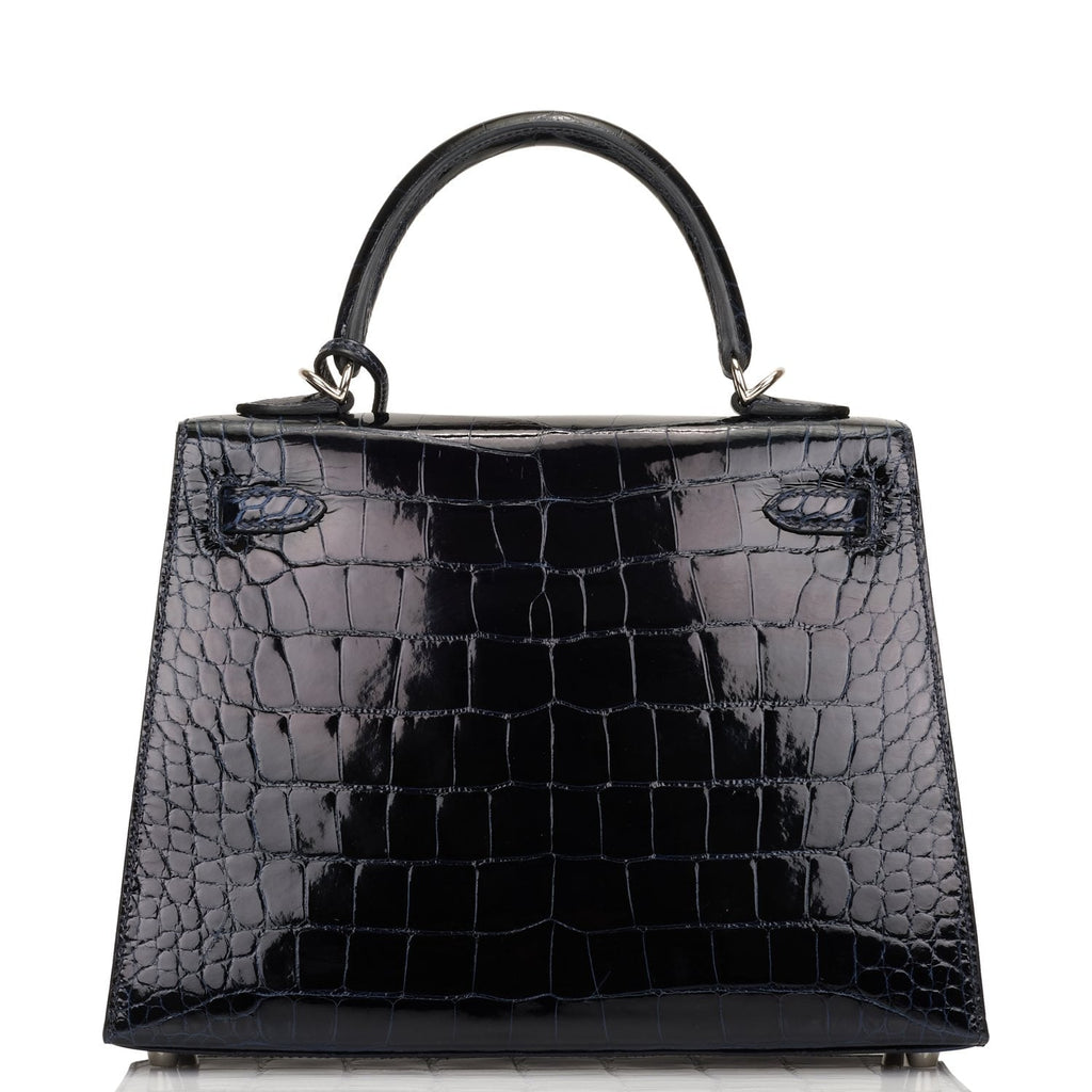 Pre-owned Hermes Kelly Sellier 25 Bleu Marine Verso Shiny Alligator Palladium Hardware