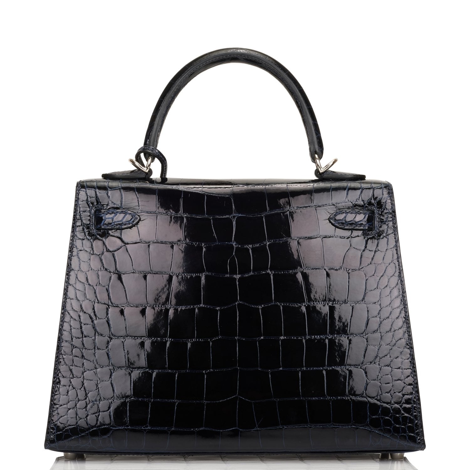 Pre-owned Hermes Kelly Sellier 25 Bleu Marine Verso Shiny Alligator Palladium Hardware
