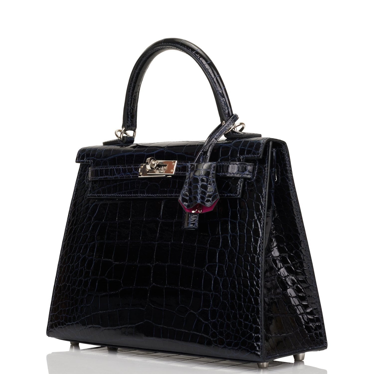 Pre-owned Hermes Kelly Sellier 25 Bleu Marine Verso Shiny Alligator Palladium Hardware