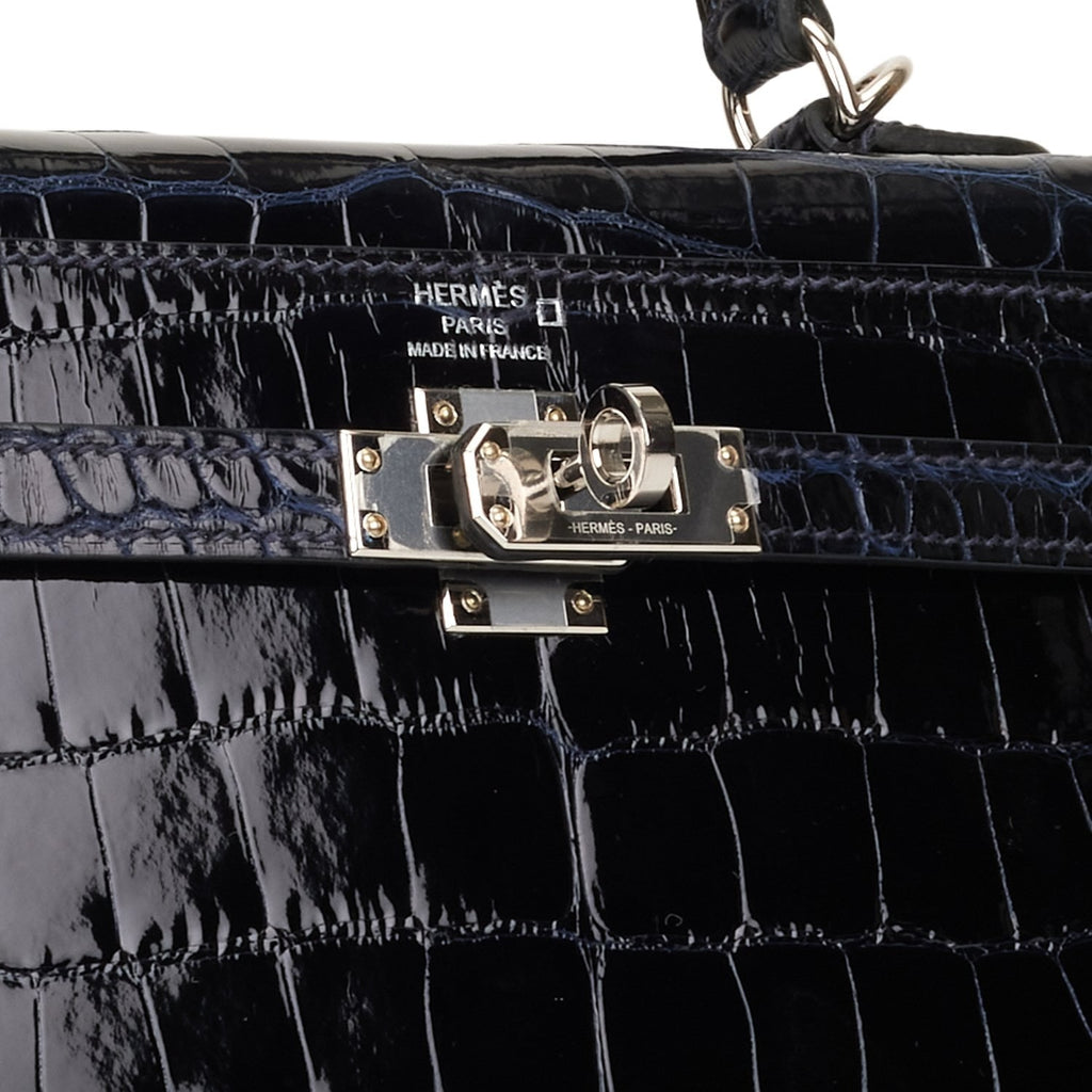 Pre-owned Hermes Kelly Sellier 25 Bleu Marine Verso Shiny Alligator Palladium Hardware