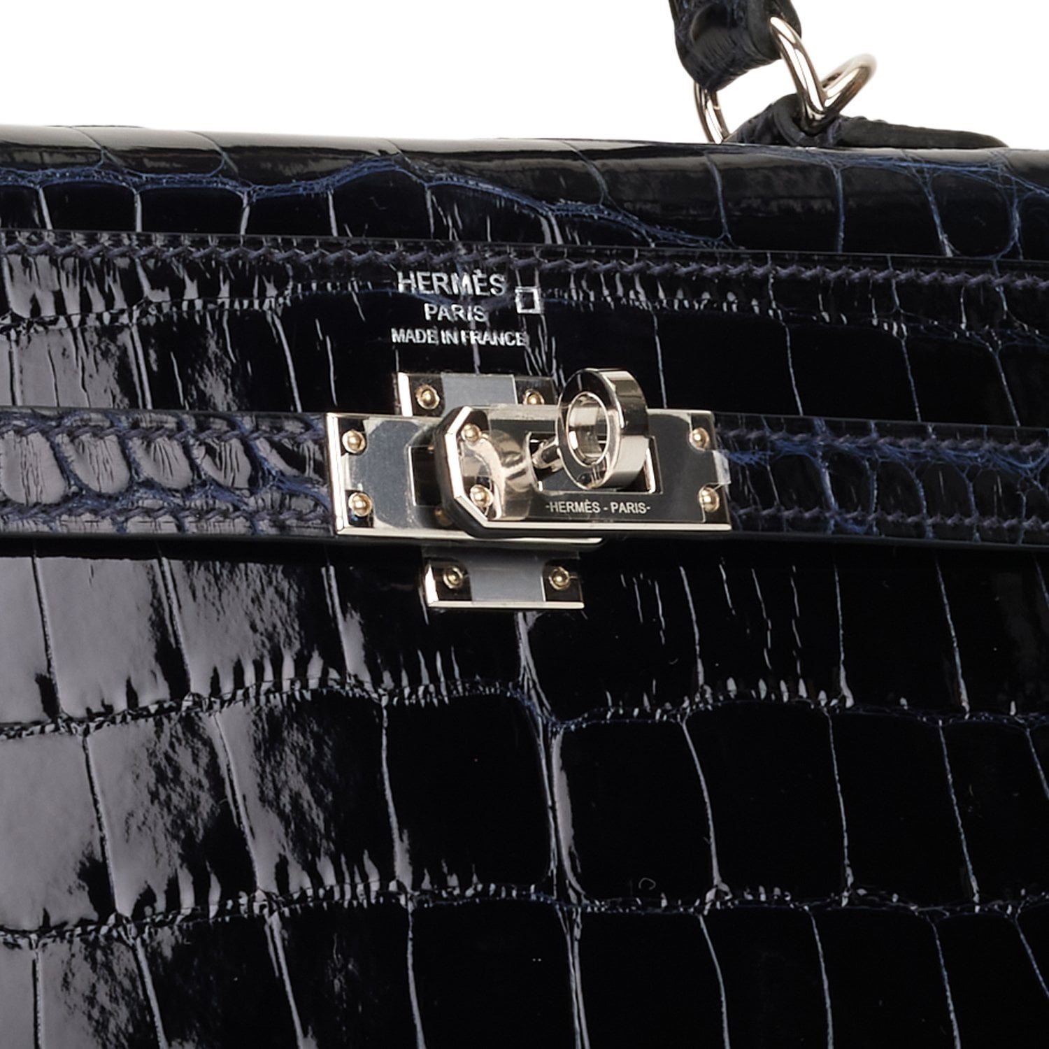 Pre-owned Hermes Kelly Sellier 25 Bleu Marine Verso Shiny Alligator Palladium Hardware