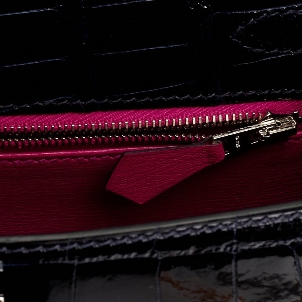 Pre-owned Hermes Kelly Sellier 25 Bleu Marine Verso Shiny Alligator Palladium Hardware