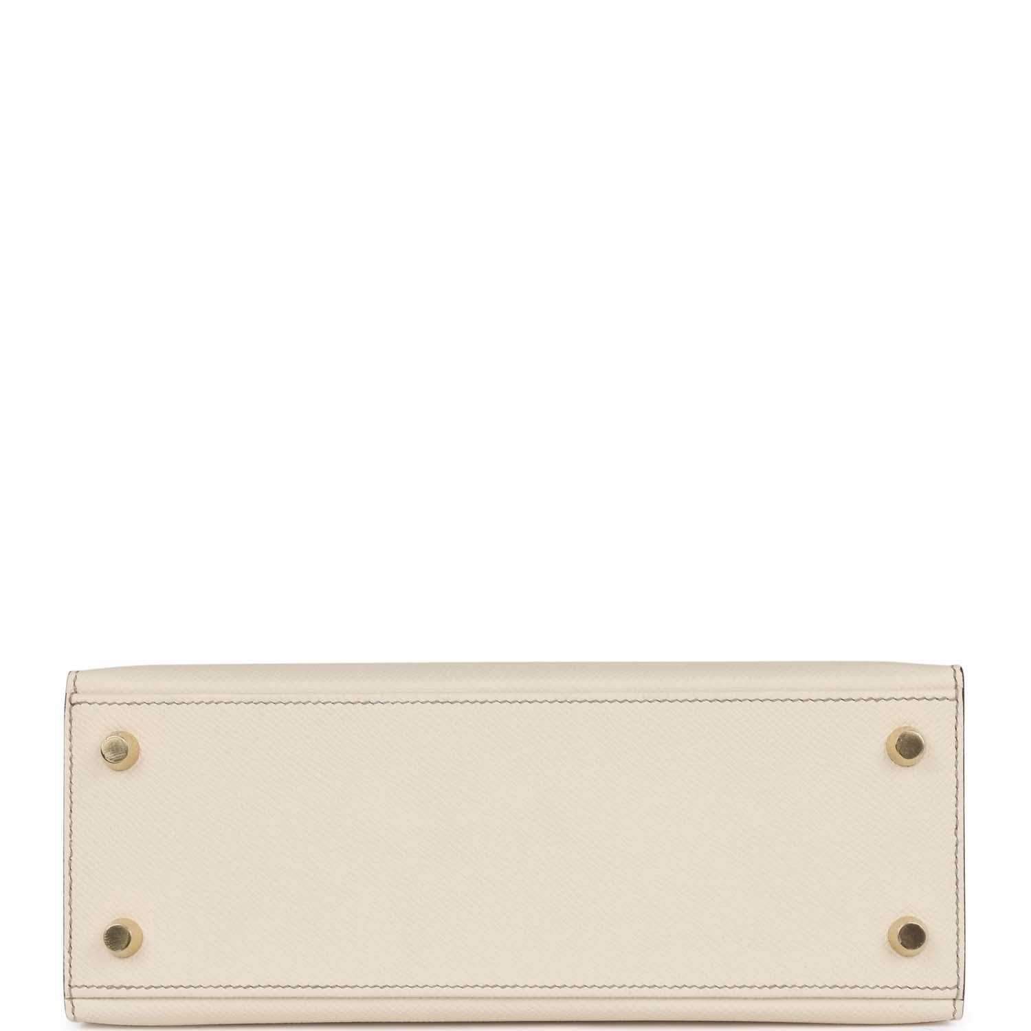 Hermes Special Order (HSS) Kelly Sellier 25 Craie and Gris Asphalte Epsom Brushed Gold Hardware