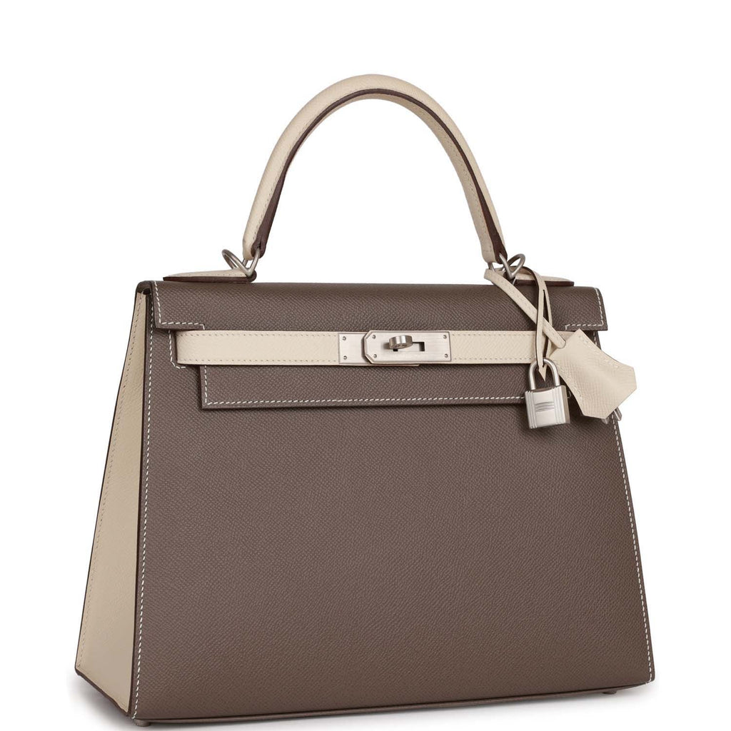 Pre-owned Hermes Special Order (HSS) Kelly Sellier 28 Etain and Craie Epsom Brushed Palladium Hardware