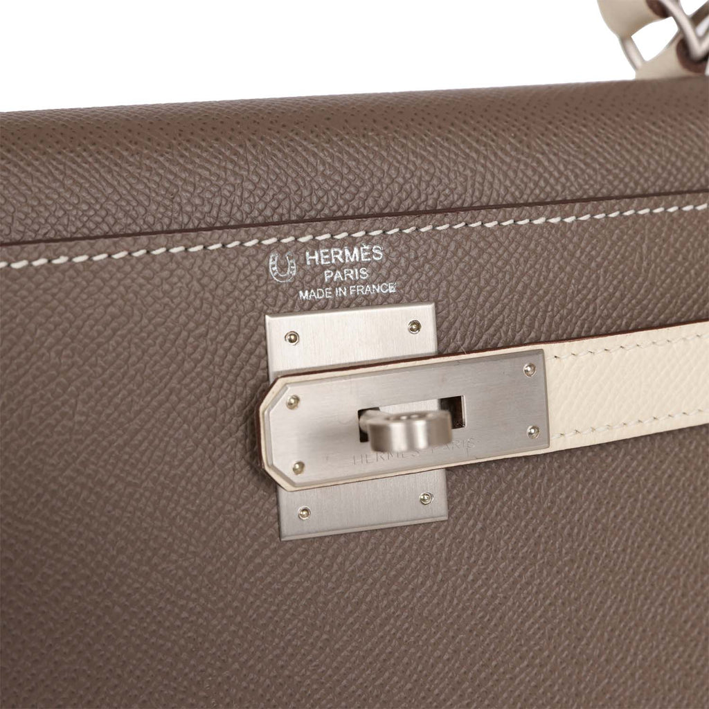 Pre-owned Hermes Special Order (HSS) Kelly Sellier 28 Etain and Craie Epsom Brushed Palladium Hardware