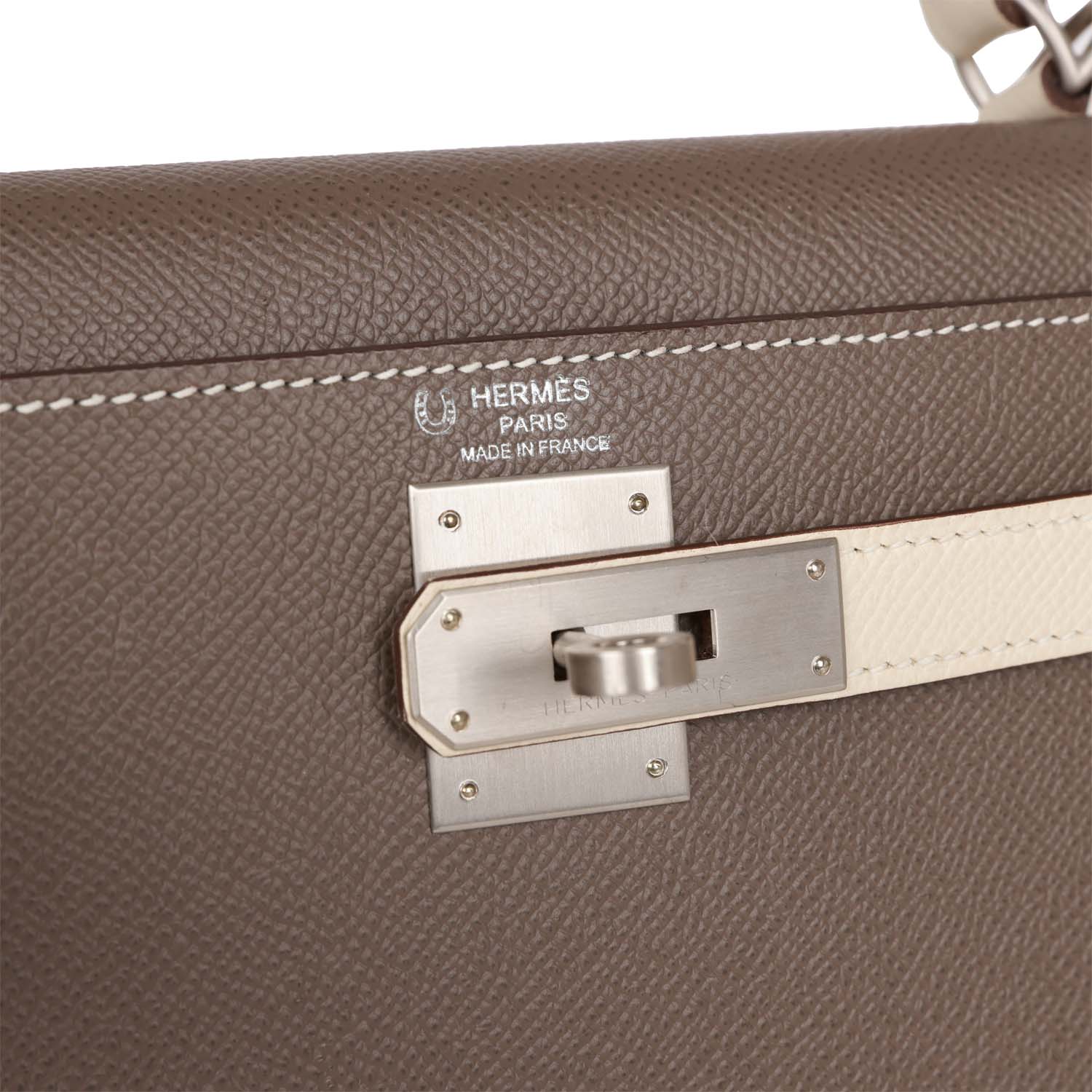 Pre-owned Hermes Special Order (HSS) Kelly Sellier 28 Etain and Craie Epsom Brushed Palladium Hardware
