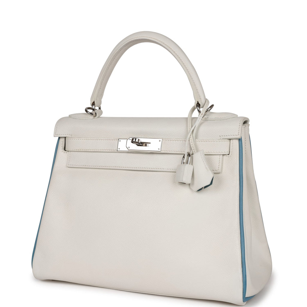Top Quality Hermes Bi-color Kelly Retourne 28 White and Blue Jean Epsom Palladium Hardware