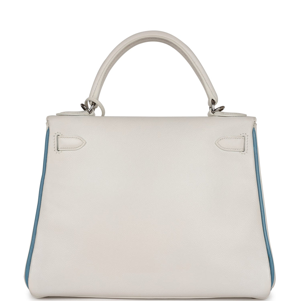 Top Quality Hermes Bi-color Kelly Retourne 28 White and Blue Jean Epsom Palladium Hardware