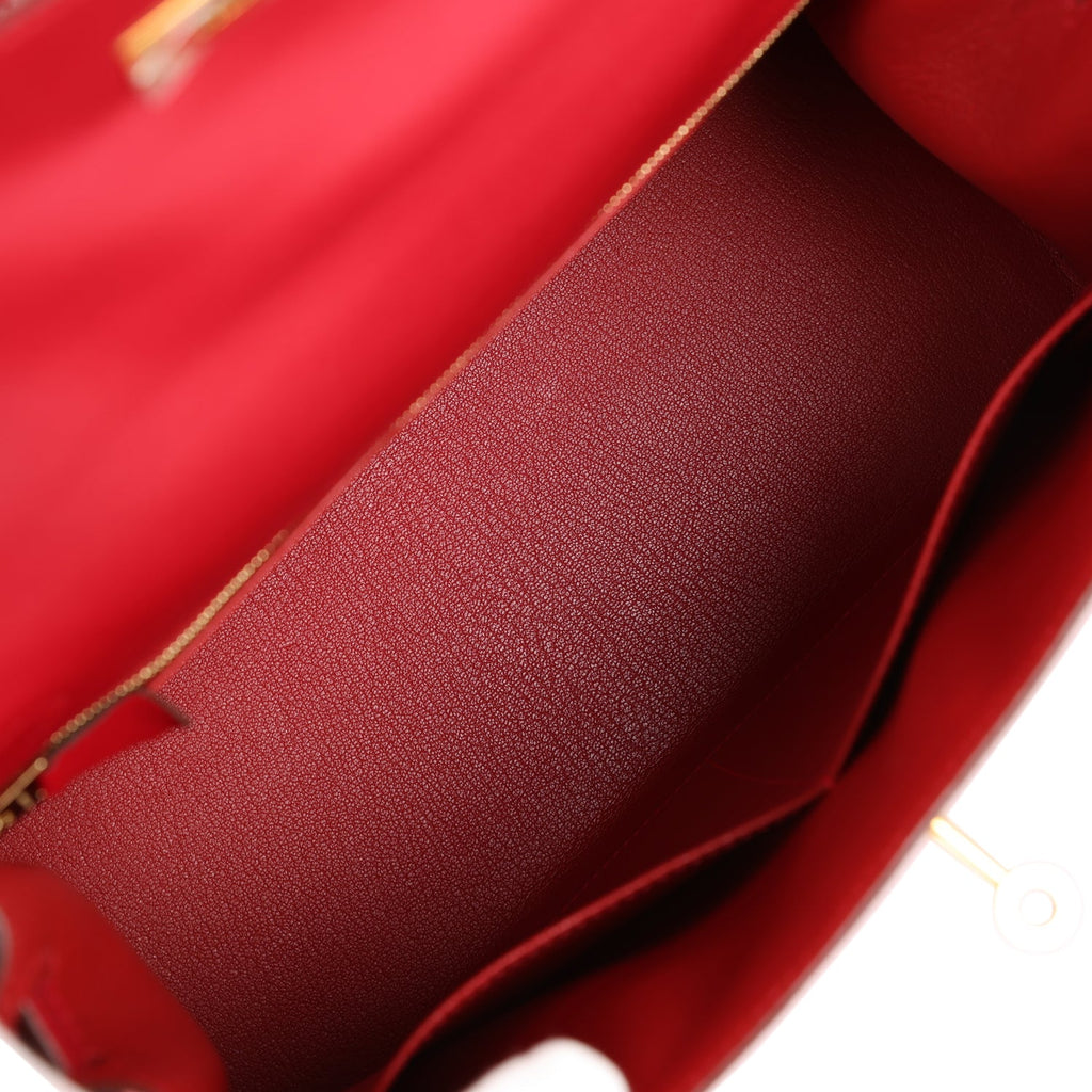 Pre-owned Hermes Kelly Sellier 28 Rouge Vif Tadelakt Gold Hardware
