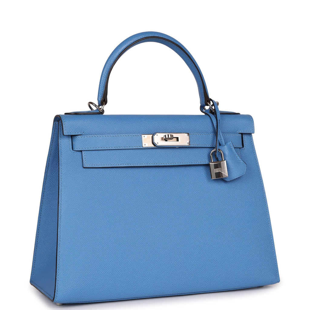 Pre-owned Hermes Kelly Sellier 28 Bleu Azur Epsom Palladium Hardware