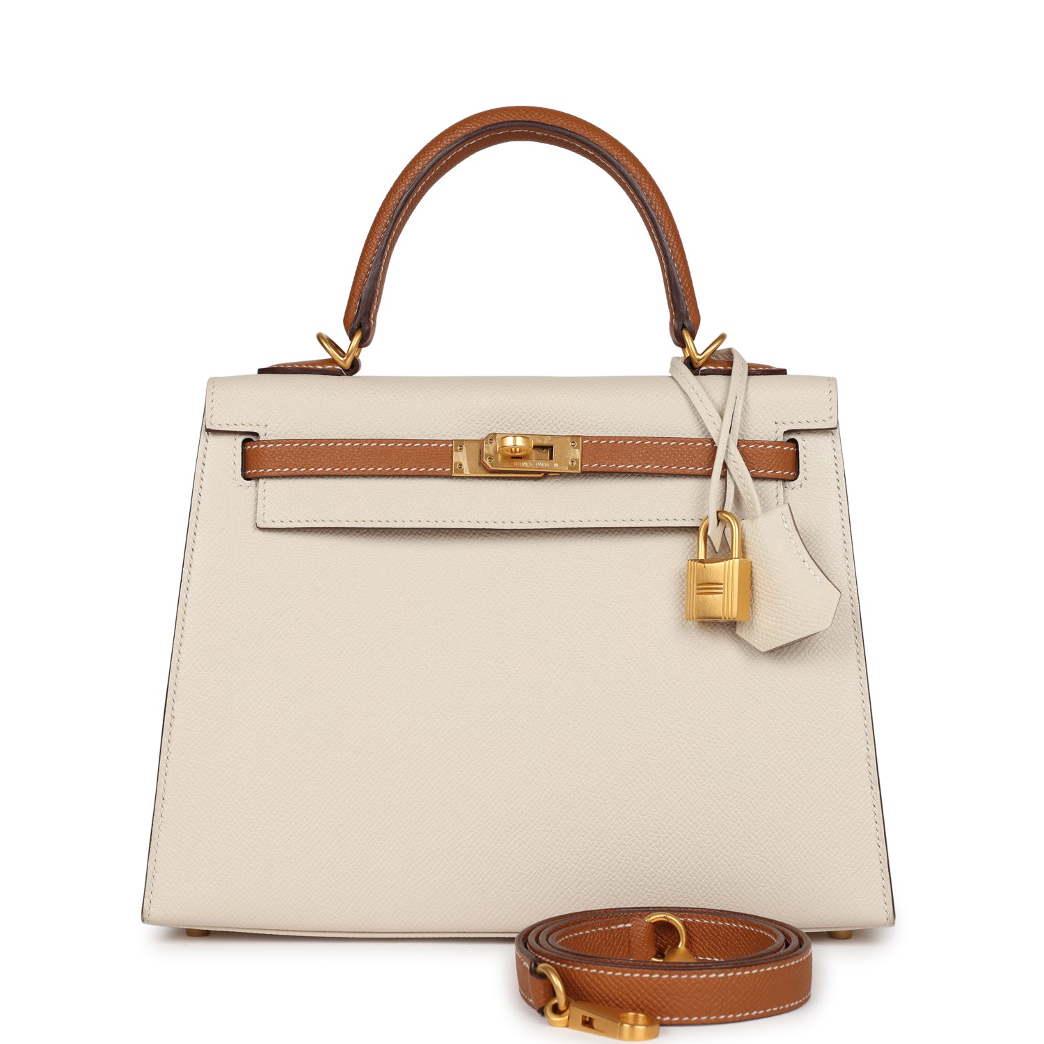 Pre-owned Hermes Special Order (HSS) Kelly Sellier 25 Craie and Gold Epsom Brushed Gold Hardware