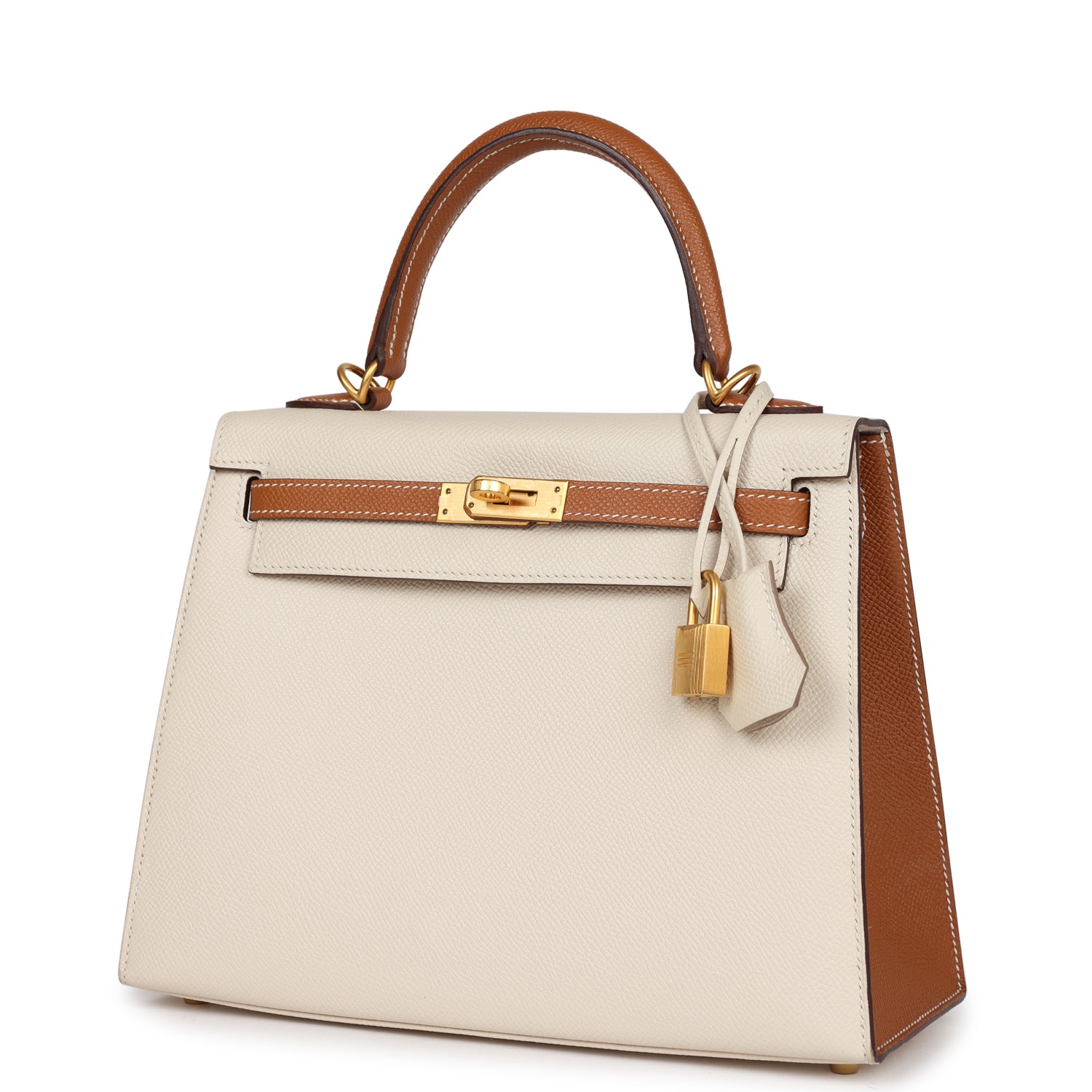 Pre-owned Hermes Special Order (HSS) Kelly Sellier 25 Craie and Gold Epsom Brushed Gold Hardware