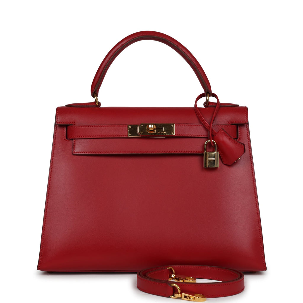 New Hermes Kelly Sellier 28 Rouge Vif Box Gold Hardware