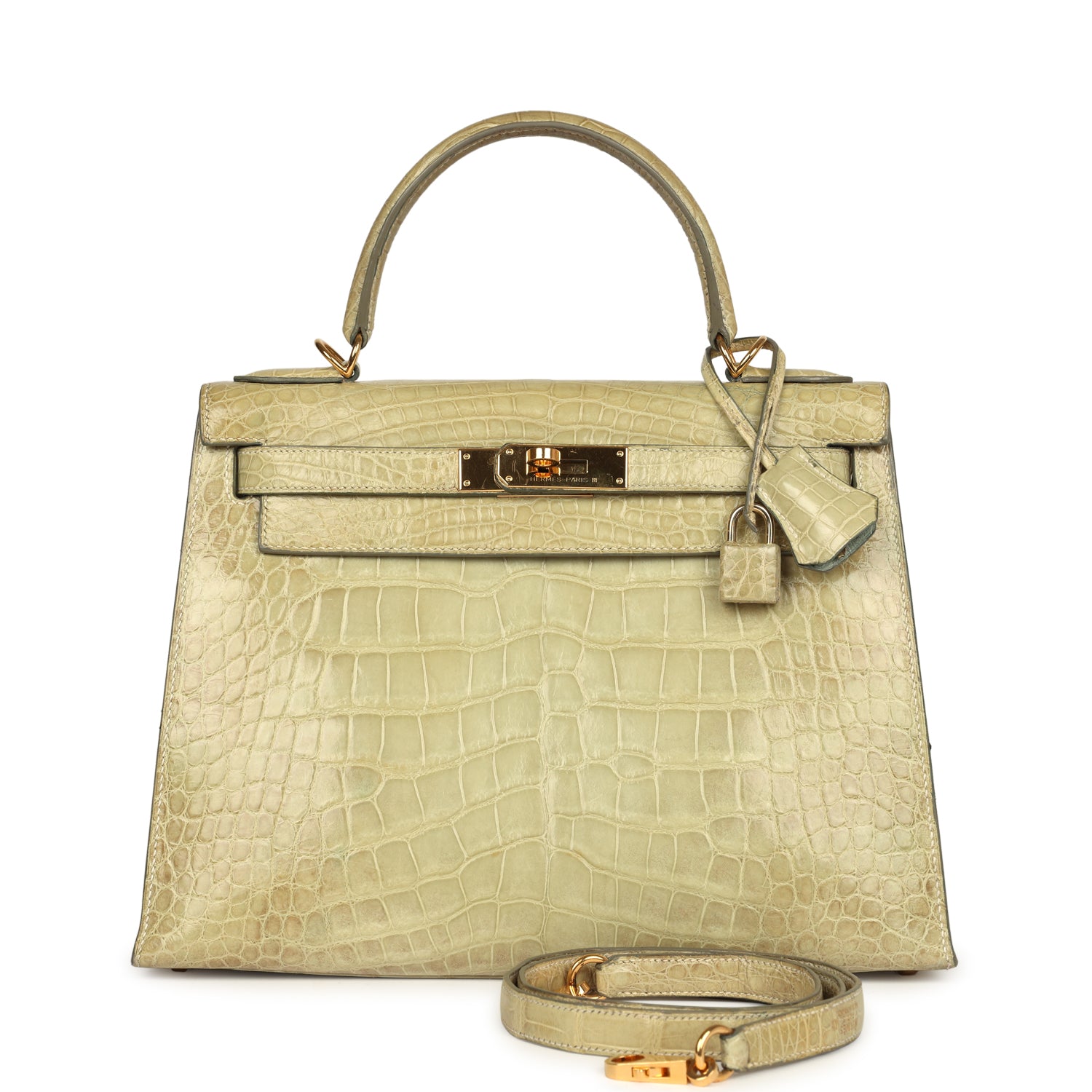 New Hermes Kelly Sellier 28 Vert Celadon Natura Shiny Alligator Gold Hardware