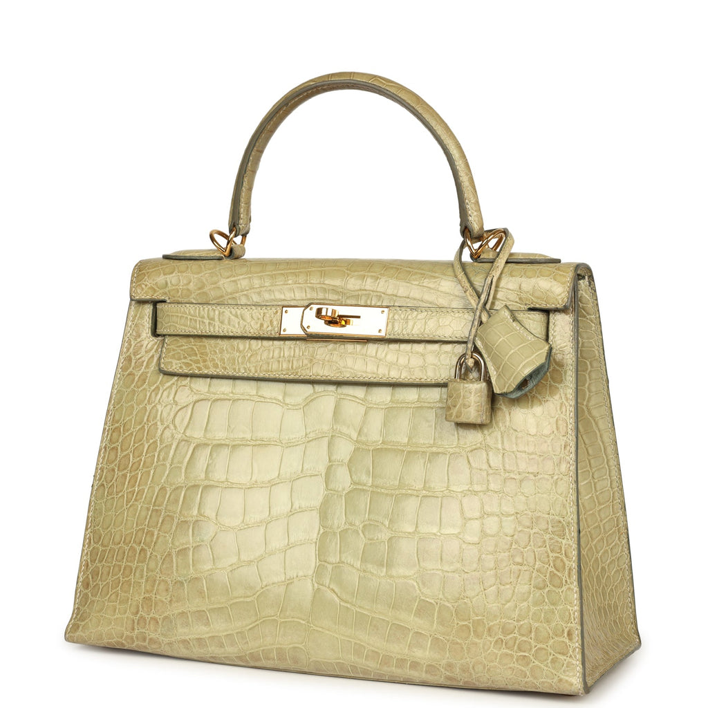 New Hermes Kelly Sellier 28 Vert Celadon Natura Shiny Alligator Gold Hardware