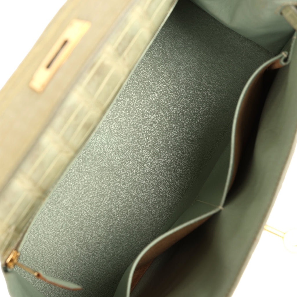 New Hermes Kelly Sellier 28 Vert Celadon Natura Shiny Alligator Gold Hardware