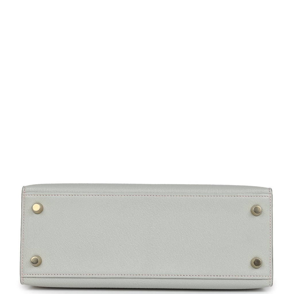 Hermes Special Order (HSS) Kelly Sellier 25 Gris Perle and Rose Sakura Chevre Brushed Gold Hardware