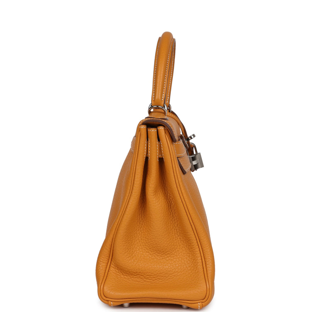 Pre-owned Hermes Kelly Retourne 28 Moutarde Clemence Palladium Hardware
