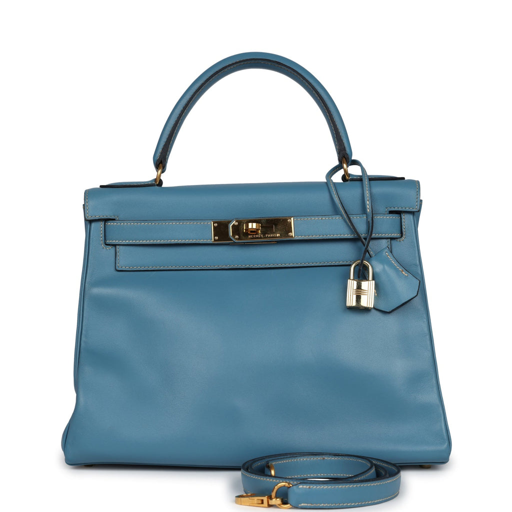 New Hermes Kelly Retourne 28 Blue Jean Box Gold Hardware