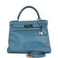 New Hermes Kelly Retourne 28 Blue Jean Box Gold Hardware