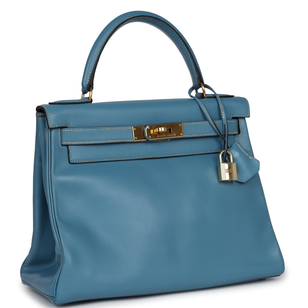 New Hermes Kelly Retourne 28 Blue Jean Box Gold Hardware