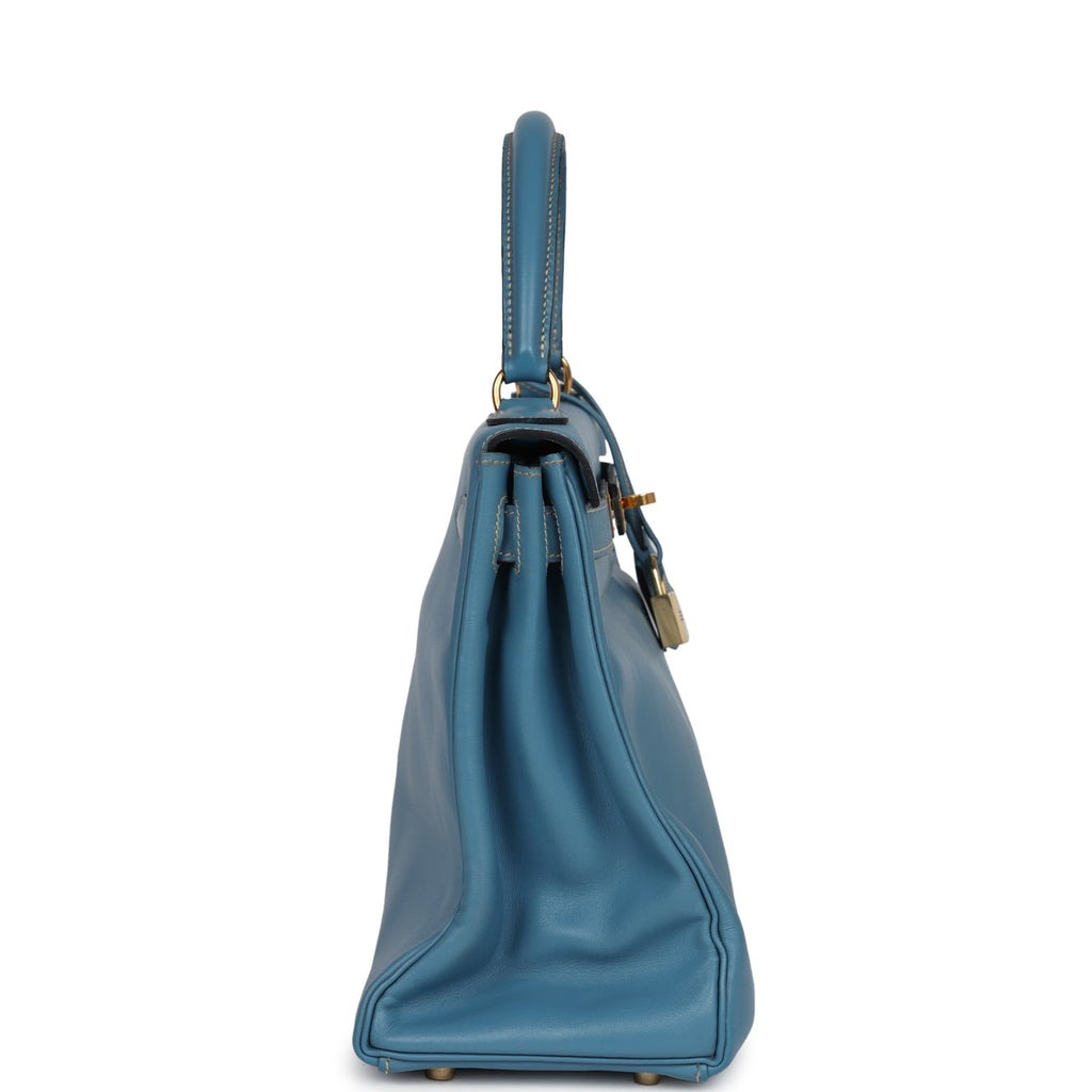 New Hermes Kelly Retourne 28 Blue Jean Box Gold Hardware