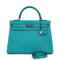 New Hermes Kelly Retourne 32 Bleu Paon Clemence Palladium Hardware
